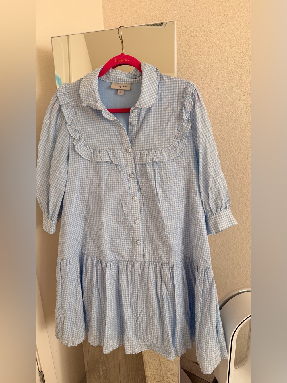 Sandy Liang Light Blue Gingham Ruffle-Trim Girls' Dress
